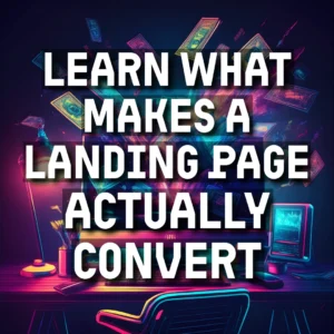A modern digital illustration of a computer on a desk with a glowing landing page on screen. Animated $100 bills fly out of the screen, symbolizing conversions and revenue. The scene uses glowing brand colors on a dark background with a clean, graphic layout and no text or people.