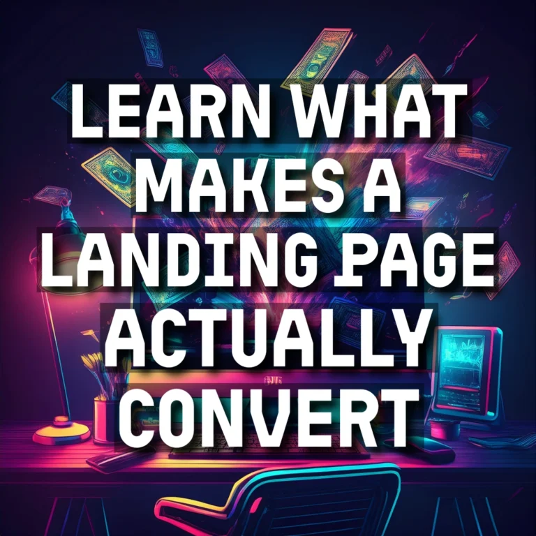 A modern digital illustration of a computer on a desk with a glowing landing page on screen. Animated $100 bills fly out of the screen, symbolizing conversions and revenue. The scene uses glowing brand colors on a dark background with a clean, graphic layout and no text or people.