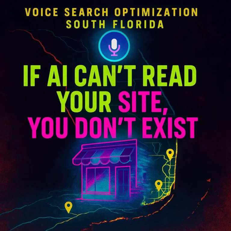 A South Florida business storefront fading out on a digital map as a glowing voice assistant highlights other results nearby. Text overlay reads: ‘If AI Can’t Read Your Site, You Don’t Exist.
