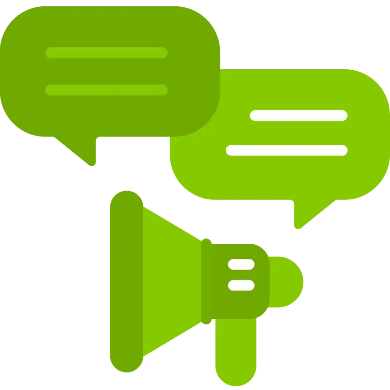 Megaphone surrounded by message bubbles representing brand voice amplification for business branding in South Florida.