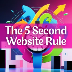Flat digital illustration of a stylized stopwatch surrounded by abstract shapes and motion lines, symbolizing the urgency of the 5-second rule for websites.