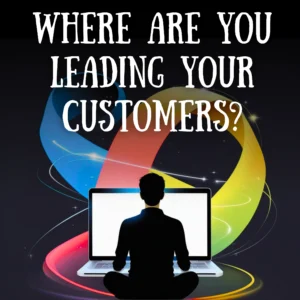 Silhouette of a person in front of a glowing laptop, surrounded by swirling trails of blue, pink, yellow, and green light on a black background—representing a website customer journey.