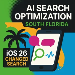 Colorful vector image showing smartphone with AI icons over a Florida map, with text that reads ‘iOS 26 Changed Search’ and ‘Is Your Business Ready’ — representing AI Search Optimization South Florida.